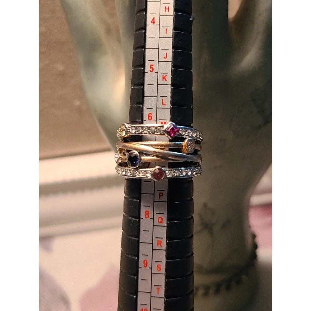 925 Sterling Silver Rainbow CZ Ring Size 6 Multi Color Gem Wide Statement Band